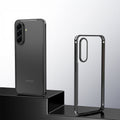 Samsung Galaxy A56 5G smartphone with a clear black case on a reflective surface