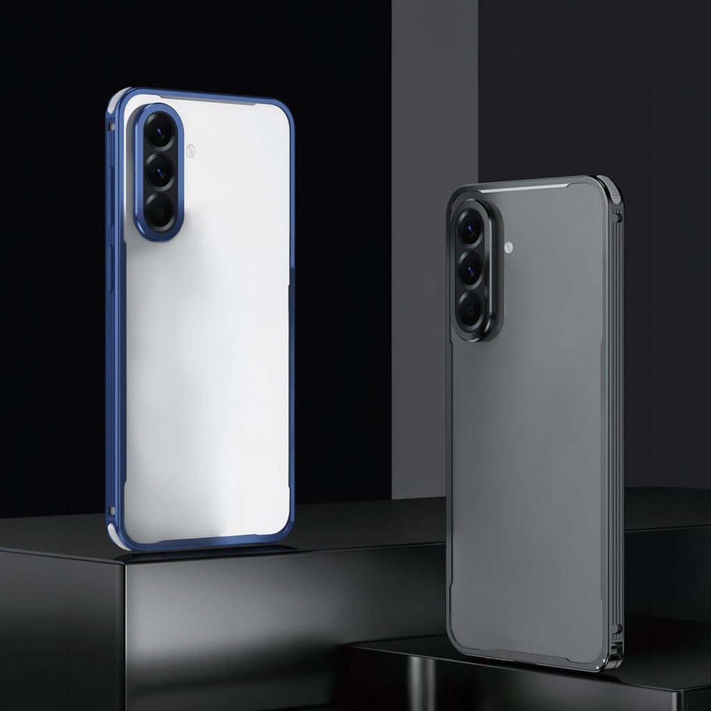 Samsung Galaxy A56 5G Two phone cases, one blue and clear, the other transparent, on a black reflective surface.