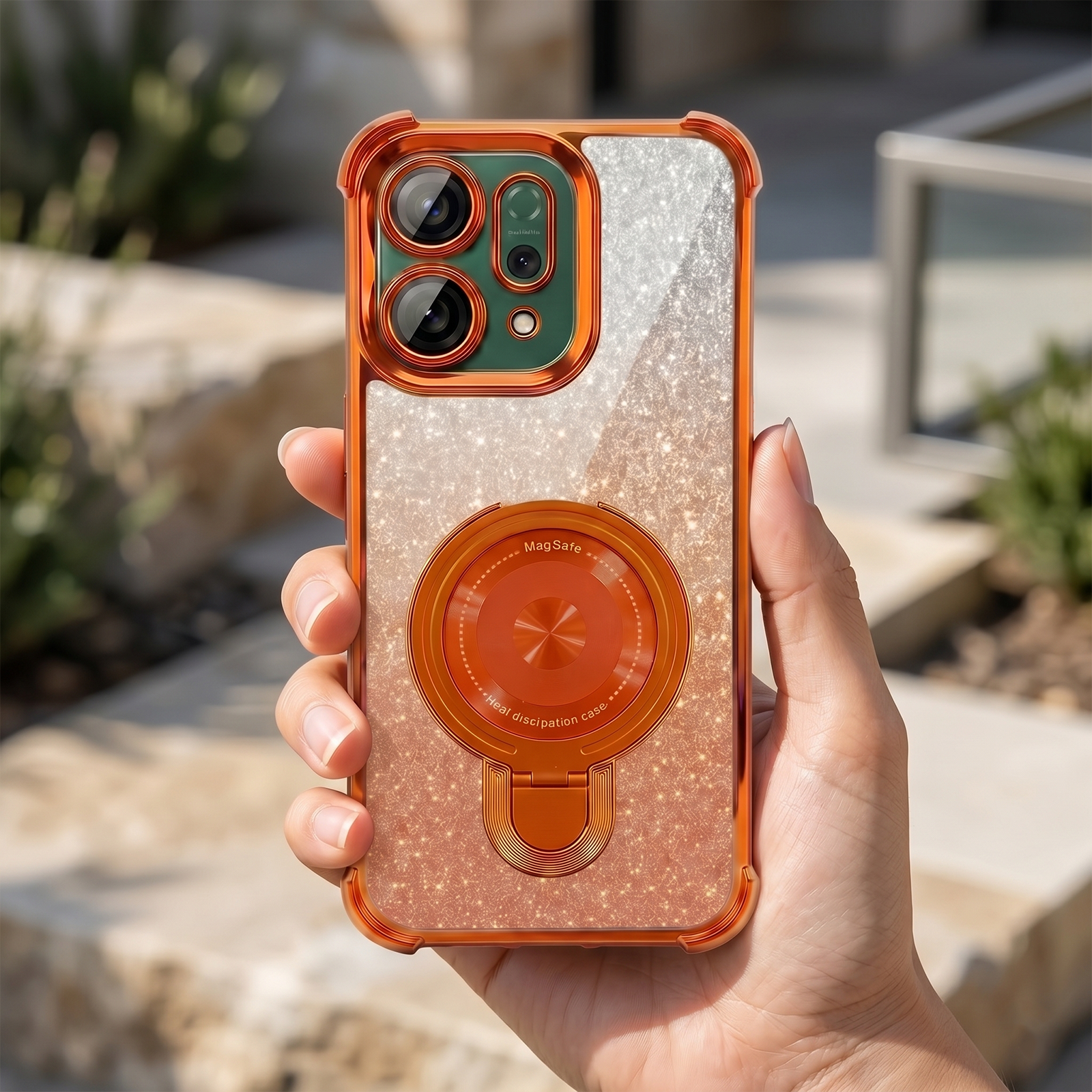 Oppo Reno 14 5G Invincible Bracket Ring Stand Shimmer Airbag Cosmic Orange Case