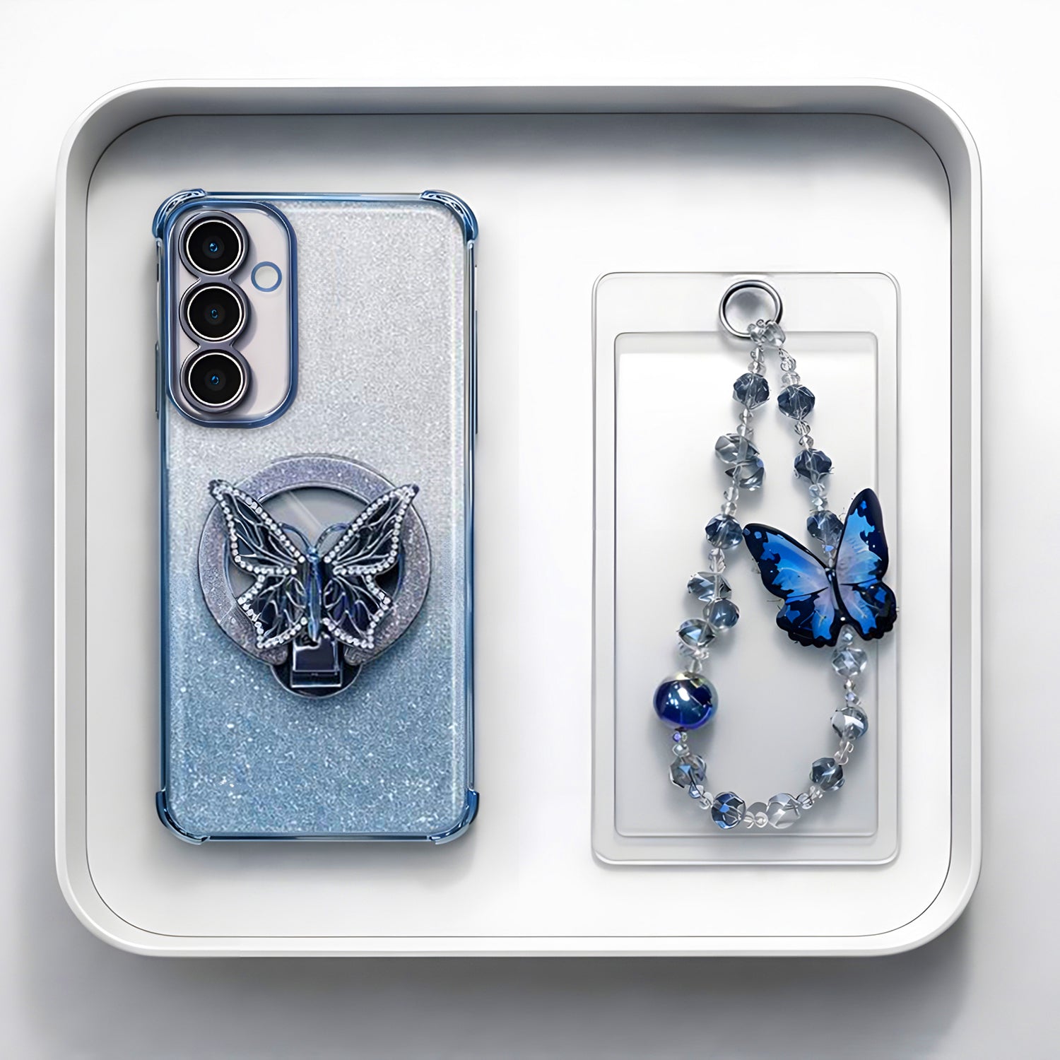 Samsung Galaxy A36 5G Shockproof Shimmer Butterfly Stand Case with Charm Strap