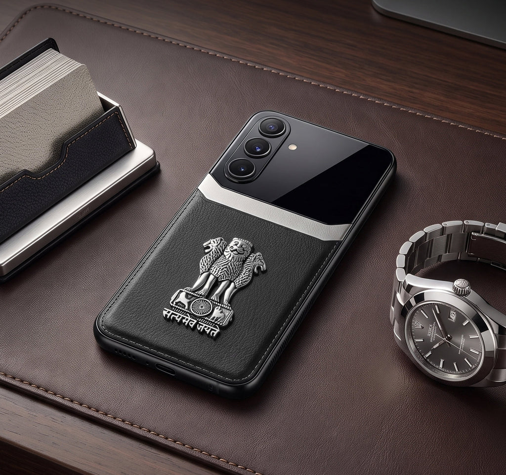 Galaxy M56 5G Satyamev Jayate 3D Metal Leather Back Case