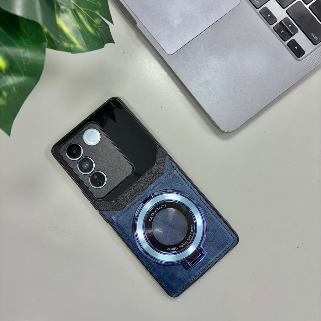 Vivo V27 5G Original Luxury Leather Lens Magnifier Ring Stand Case