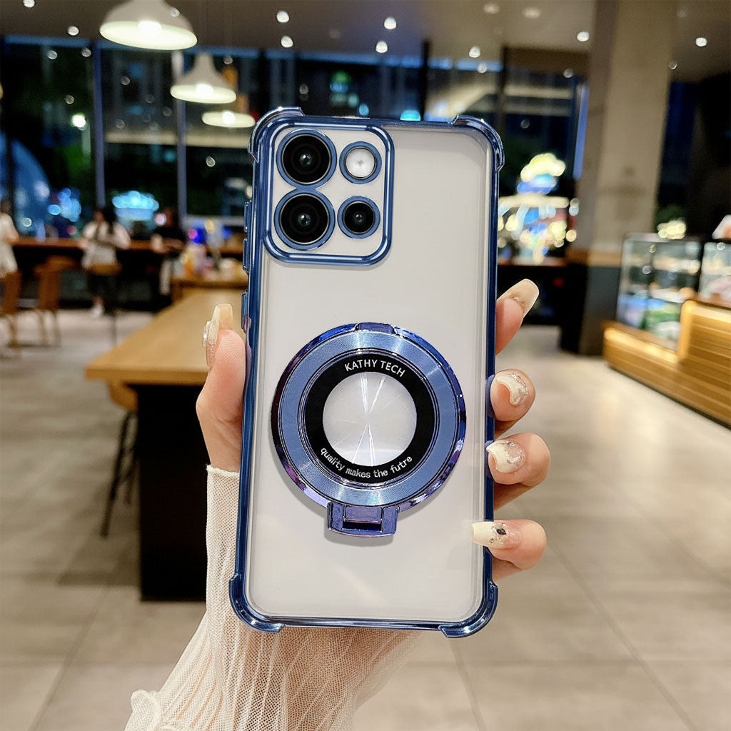 Phone case with a ring holder held by a hand in an indoor setting