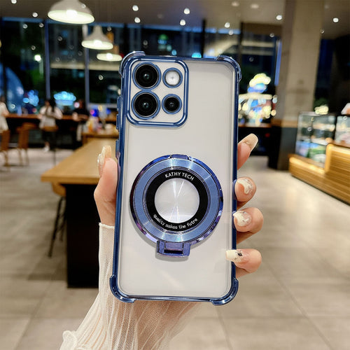 Phone case with a ring holder held by a hand in an indoor setting