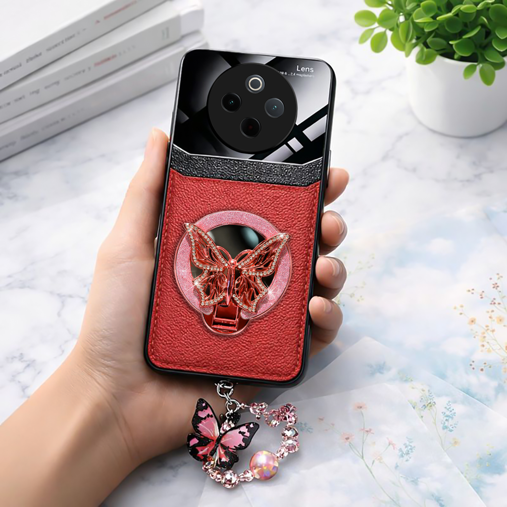 Vivo T4 5G Premium Leather Lens Butterfly Stand Case with Charm Strap